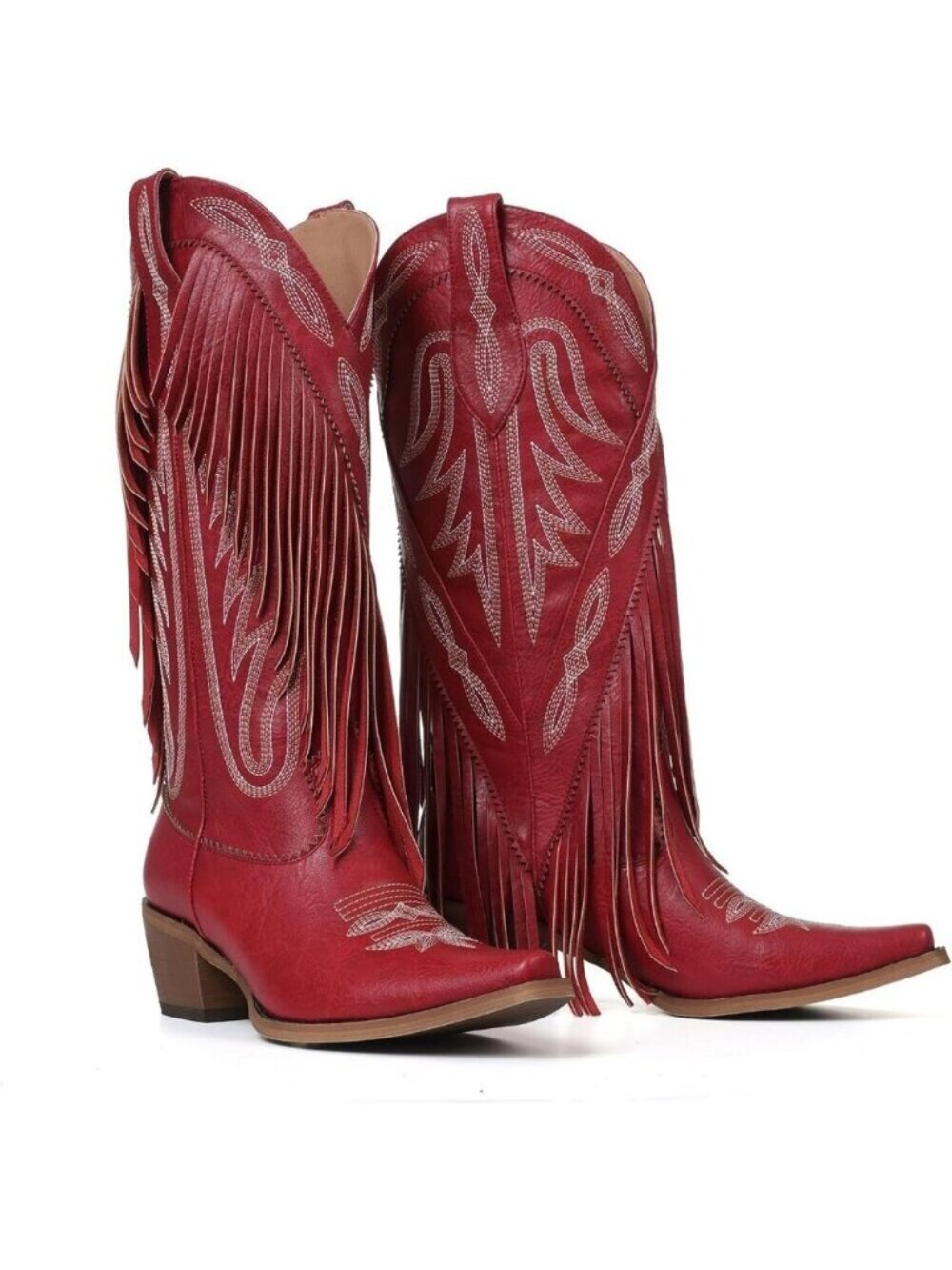 Women's Red Classic Embroidery Pointed Toe Fringe Knee High Cowgirl Western Boot